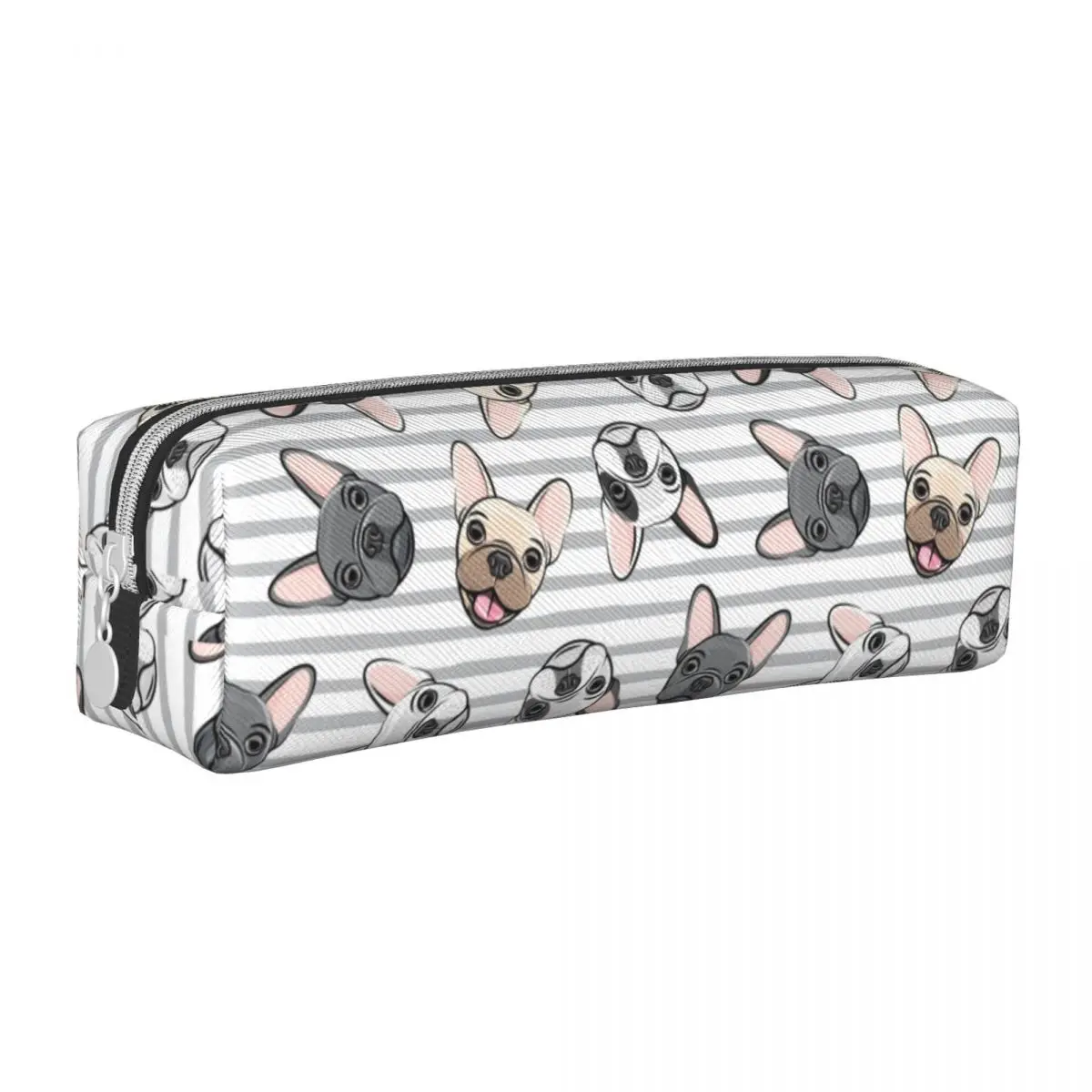 Grey Stripes Cute French Bulldogs Pencil Case Fun Dog Pen Box Bags Girl Boy Big Capacity Office Zipper Pencil Box