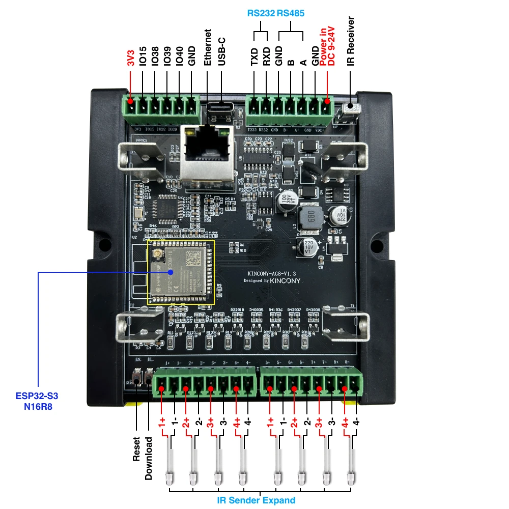 KinCony AG8 ESP32-S3 Smart IR Controller For ESPHome Expand IR 300 Meter Long Cable