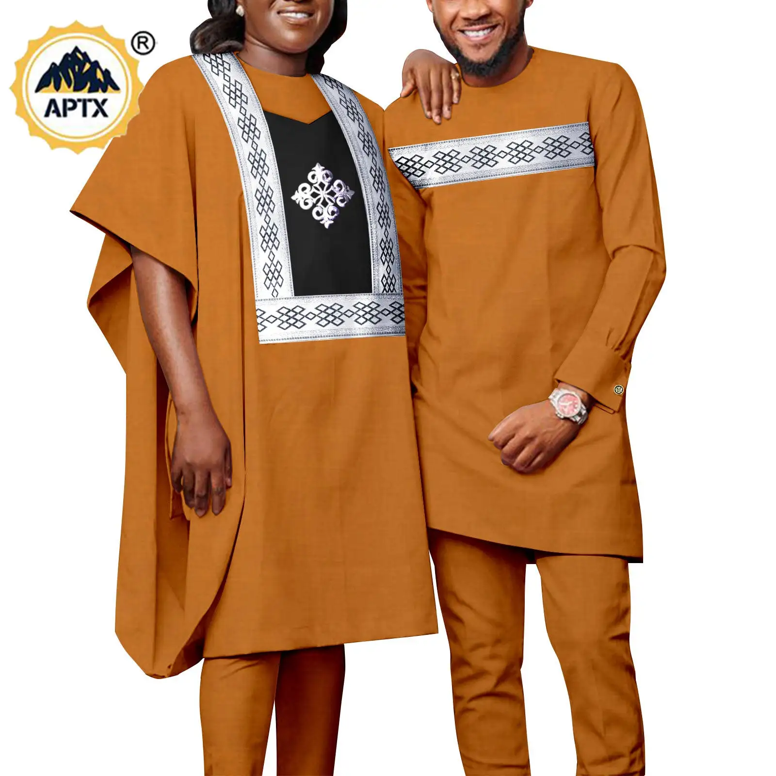 

African Matching Outfit for Couples Muslim Women Short Sleeve Robes 3 Pieces Sets Agbada Dashiki Men Suits Top and Pant Y23C063