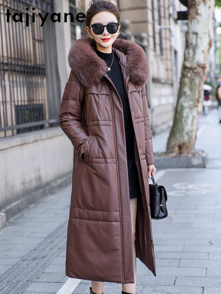 TAJIYANE 100% جلد الغنم أوزة أسفل معطف المرأة مقنعين سليم الثعلب الفراء طوق معاطف سترة جلدية حقيقية الشتاء ملابس امرأة 2025 كورت