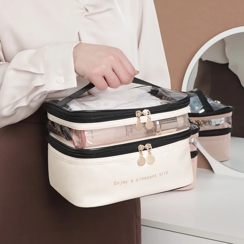 

Новая двухслойная косметичка из ПВХ, ручная сумка для туалетных принадлежностей, большая вместительная многофункциональная портативная дорожная косметичка, распродажа