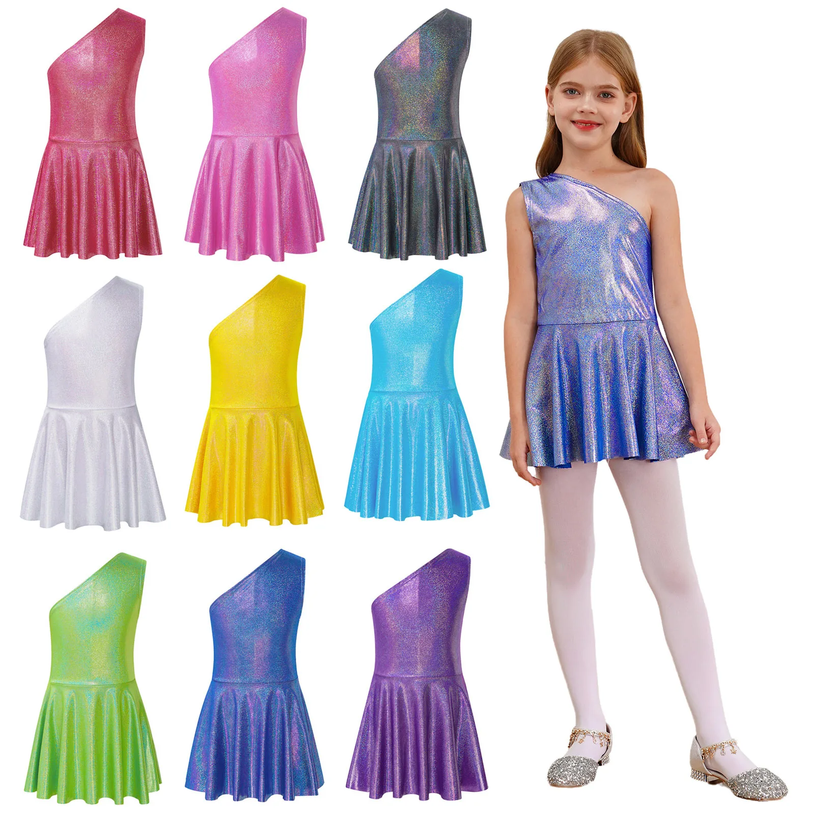 Kids Girls One Shoulder Sleeveless Metallic Shiny Dress Cheerleading Jazz Dance Costume School Performance Party Show Dancewear