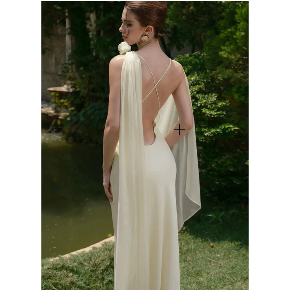 Champagne amarelo cetim cinta de espaguete vestido de noite feminino elegante decoração flor vestido formal fino maxi vestido de baile de casamento