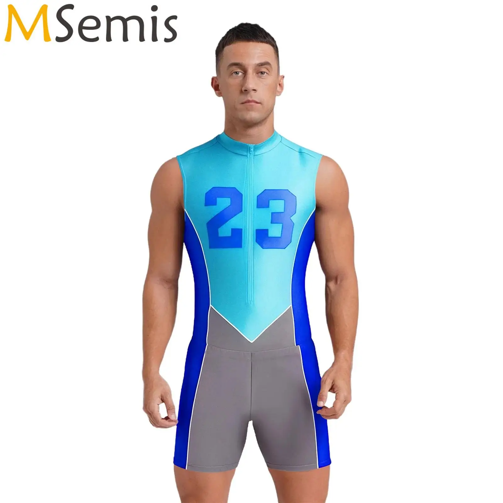 

Swimwear Mens Front Zipper Leotards Bodysuit with Shorts Two Piece Swimsuit Number Printed Leotard Bodysuit Sports Gym Fitness