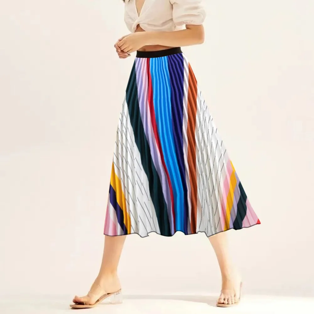 Nighpha Dot Print Pleated Skirt for Women Causal Elastic High Waist A-line Skirts Midi Long Skirt Spring Summer