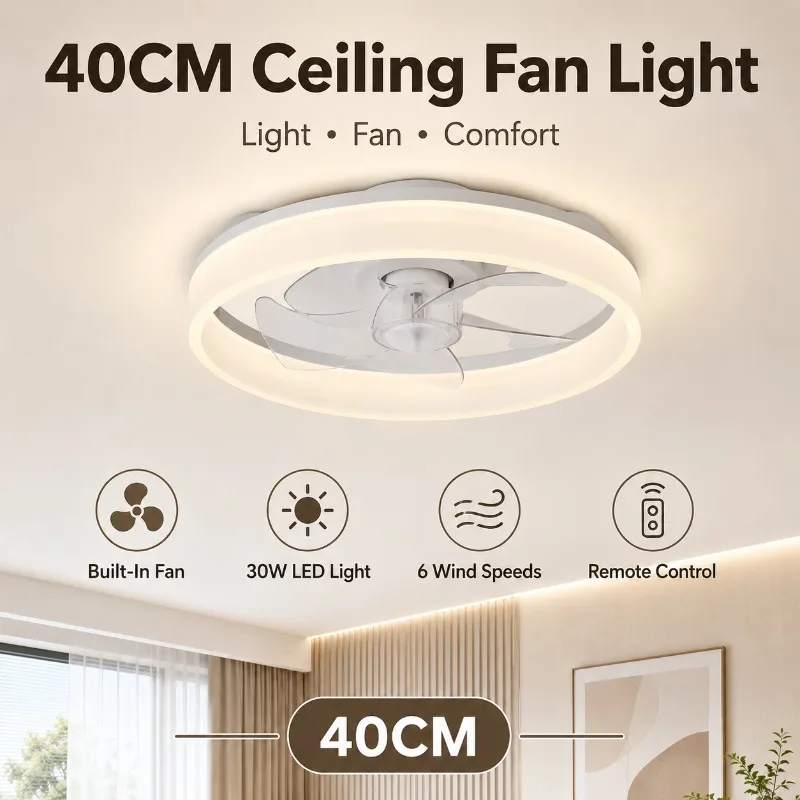 40cm Ceiling Fan with LED Light Remote Control 6 Speed Reversible Dimmable Flush Mount for Bedroom Dining Ceiling Fan Light