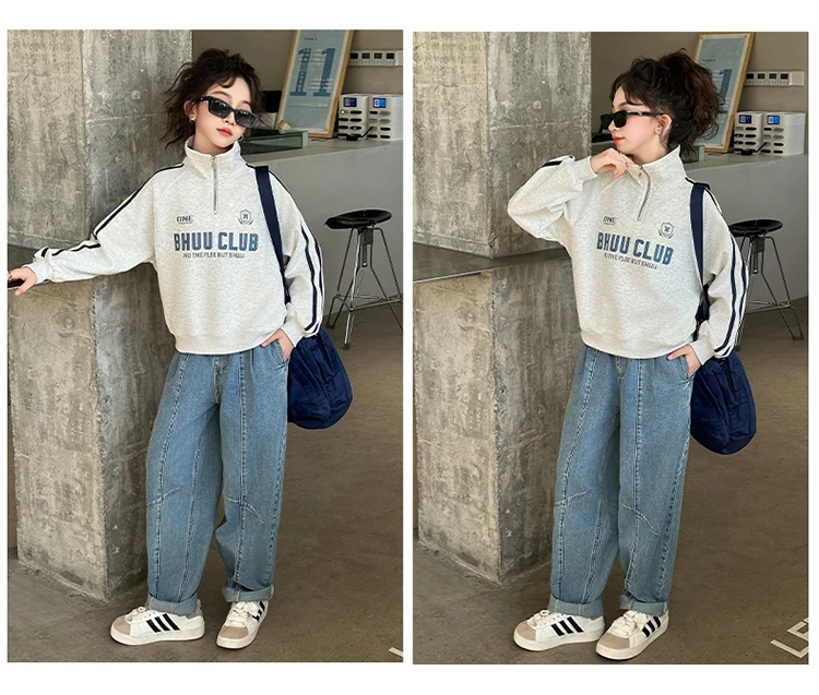 Neues Herbst-Kinder-Y2K-Rollkragen-Sweatshirt mit halbem Reißverschluss für Mädchen, lässiges Streetwear-Outfit, Kinder-Teenager-Modekleidung – Detail 3