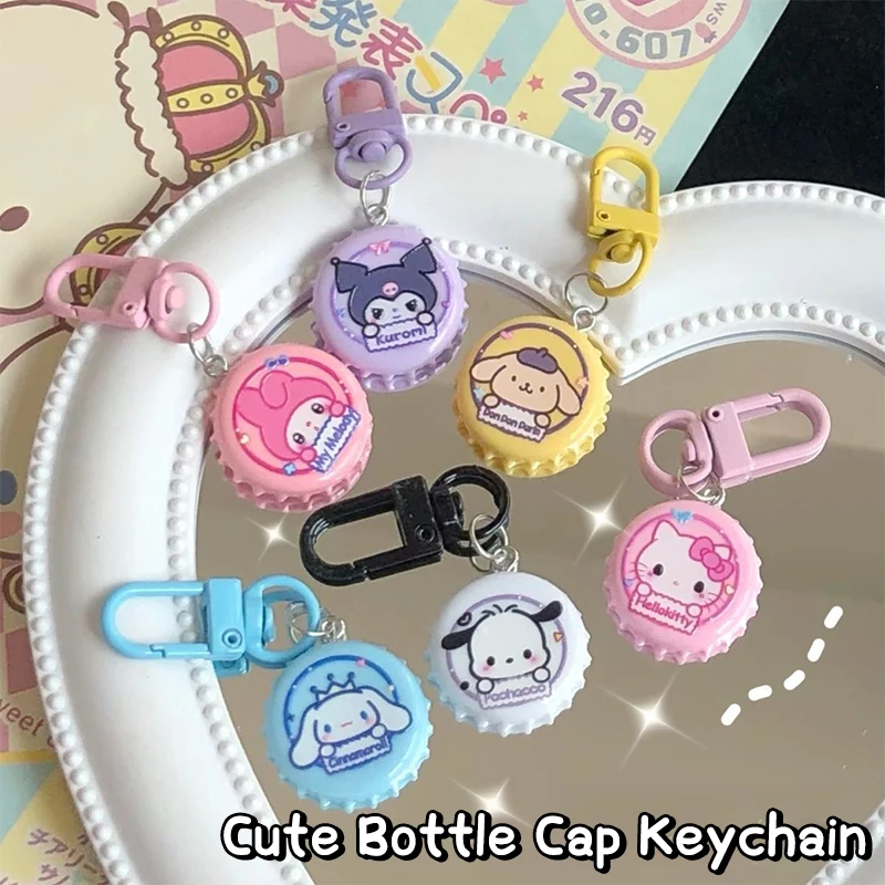 Pingente de mochila Kawaii Sanrio para crianças, My Melody, Purin, Pocha, Kuromi Cinnamoroll, Criatividade Bottlecap, gatinho, presente de aniversário