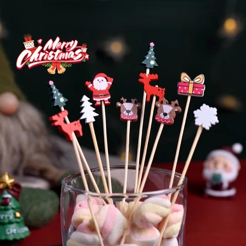 50/100 Stück festliche Weihnachts-Obstspieße mit Weihnachtsmann-, Schneeflocken- und Baumdesigns – Einweg-Bambusspieße für Partys, Desser – Detail 5