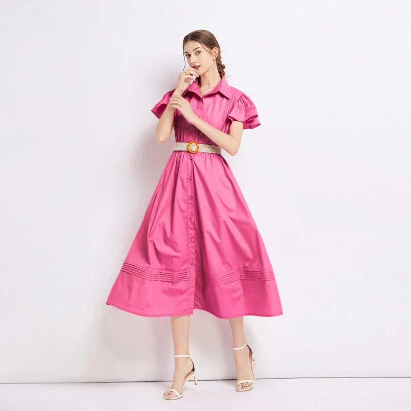 2025 French Retro Hollow Lace Patchwork Strap Slim Waist Short Sleeved Shirt Dress for Women Elegant A-line Long Vestido