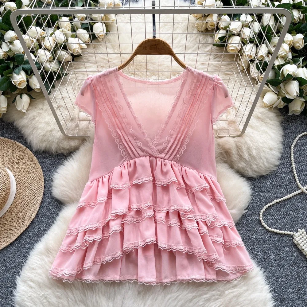 

Vintage Elegant V-neck asymmetrical ruffle Blouse Fashion Shirt Casual Chic Top Fairy Summer Women Shirt