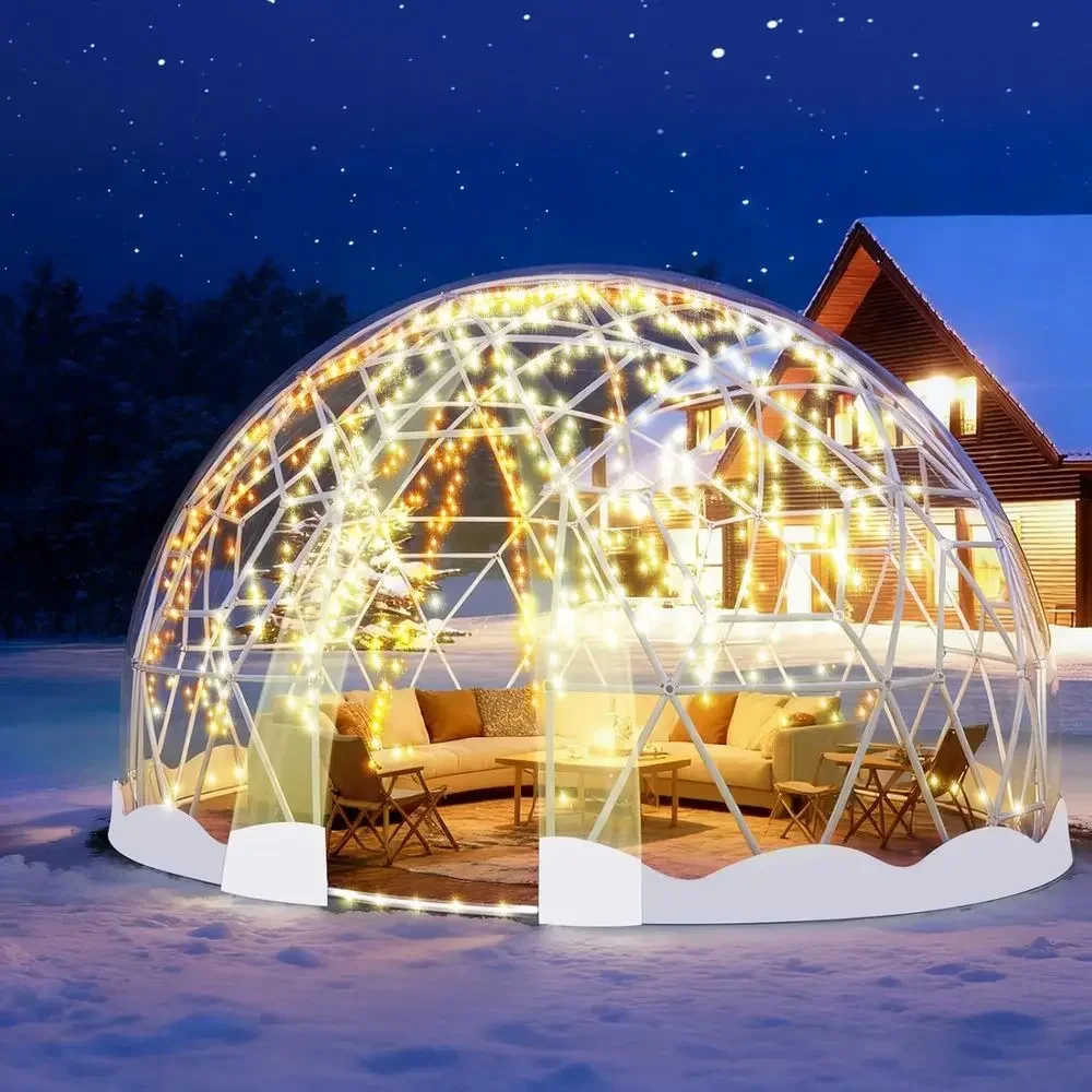 12.5T Geodesic Clear PVC Garden Dome Tent, Waterproof Bubble House with 2 x 10M Light Strings for Outdoor, Patio, Party (White E