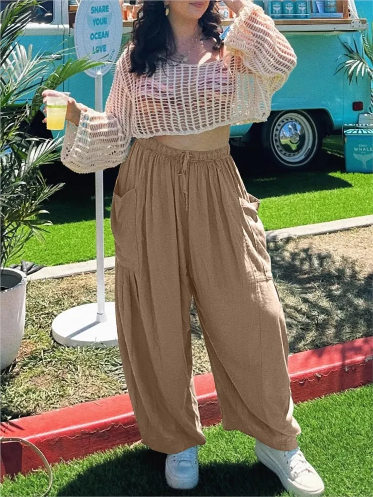 

Plus Size Women's Trousers Linen Loose High Waist Drawstring Wide Leg Pants Casual Fake Daily Commuting Nine-point Pants Summer