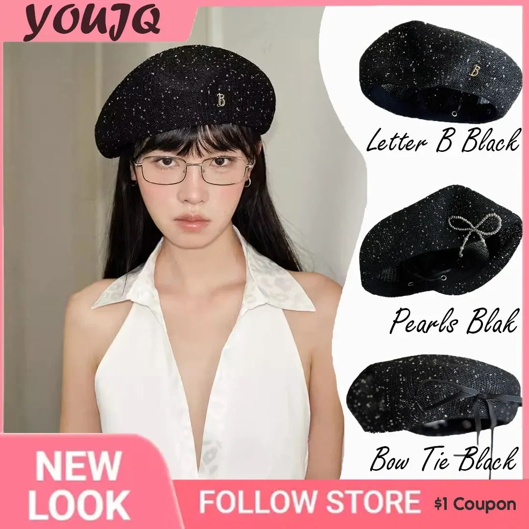 

Y2K Bling Sequin Letter Pearls Bow Berets Hats for Women Spring Summer Hollowed Out Breathable Octagonal Painter Gorras Hombre