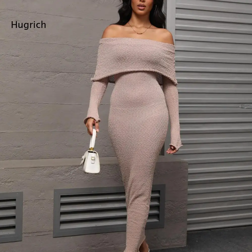 Off Shoulder Bodycon Maxi Dress Women Long Sleeve Textured Fabric Slim Fit Night Club Evening Cocktail Party Long Dresses