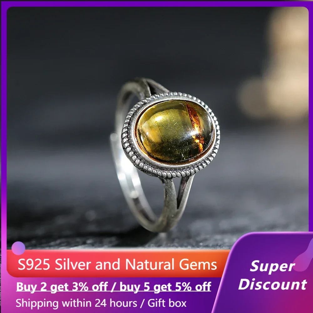 

New S925 Silver Ring Natural Resin Amber Women's Ring Exquisite Jewelry Simple Couple Ring Party Accessories Birthday Gift