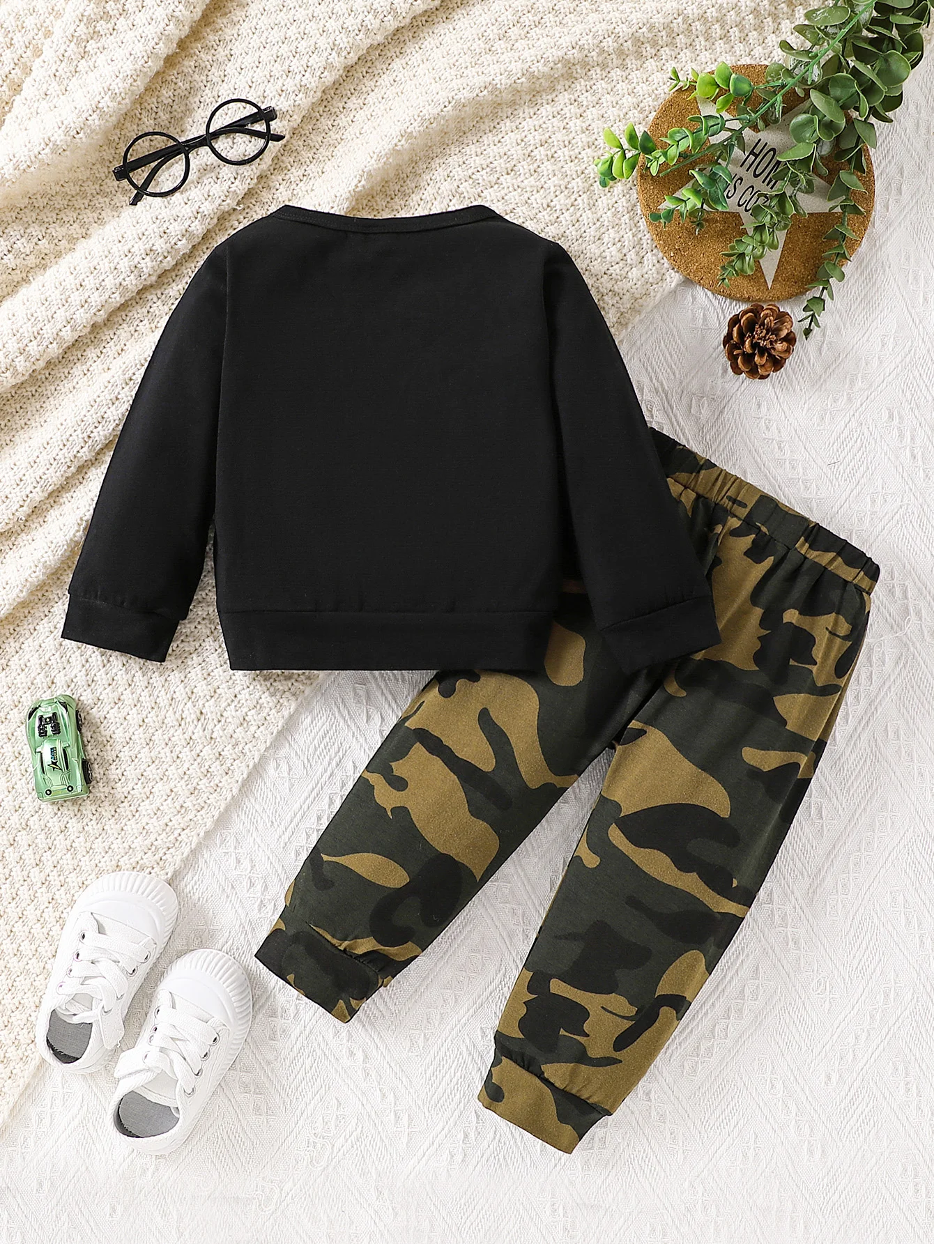 Cute Letter Print Baby Boys Tracksuit 6M-4Y Black Long Sleeve Pullover Camo Drawstring Jogger Trousers Soft Daily Playwear Suit