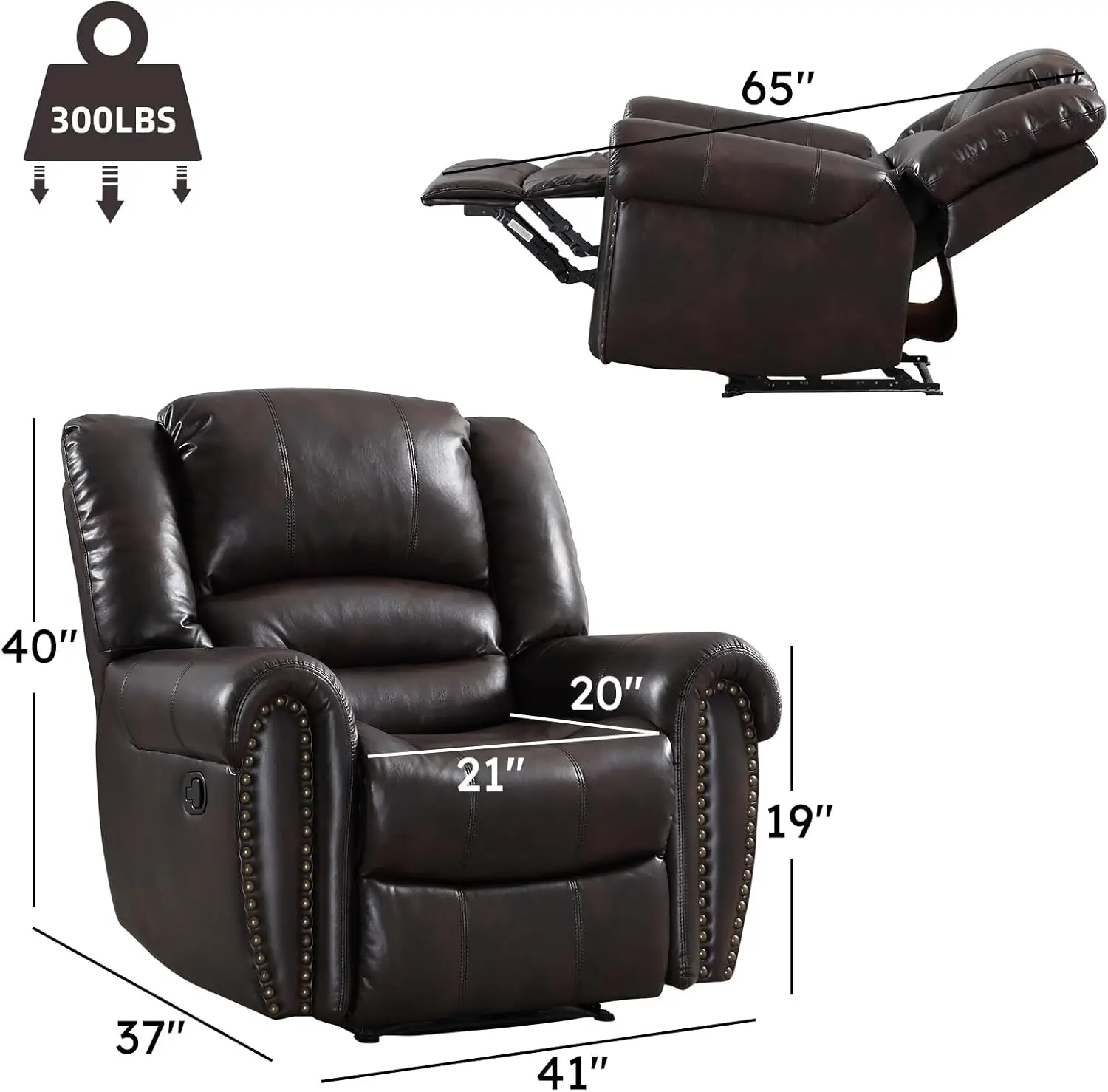 Leather Recliner Chair Classic and Traditional Manual Recliner Chair with Comfortable Arms and Back Single Sofa Dark Brown