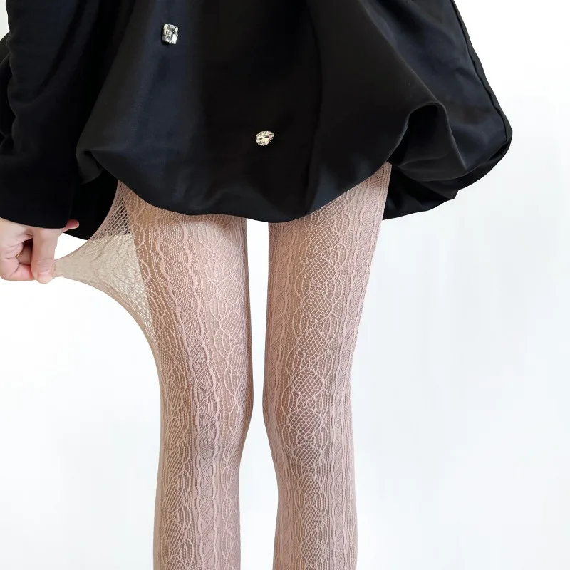 Lace Vertical Stripe Tights for Girls INS Sheer Hollow-Out Jacquard Design Firm Support Leg-Lengthening Sexy Retro Pantyhose