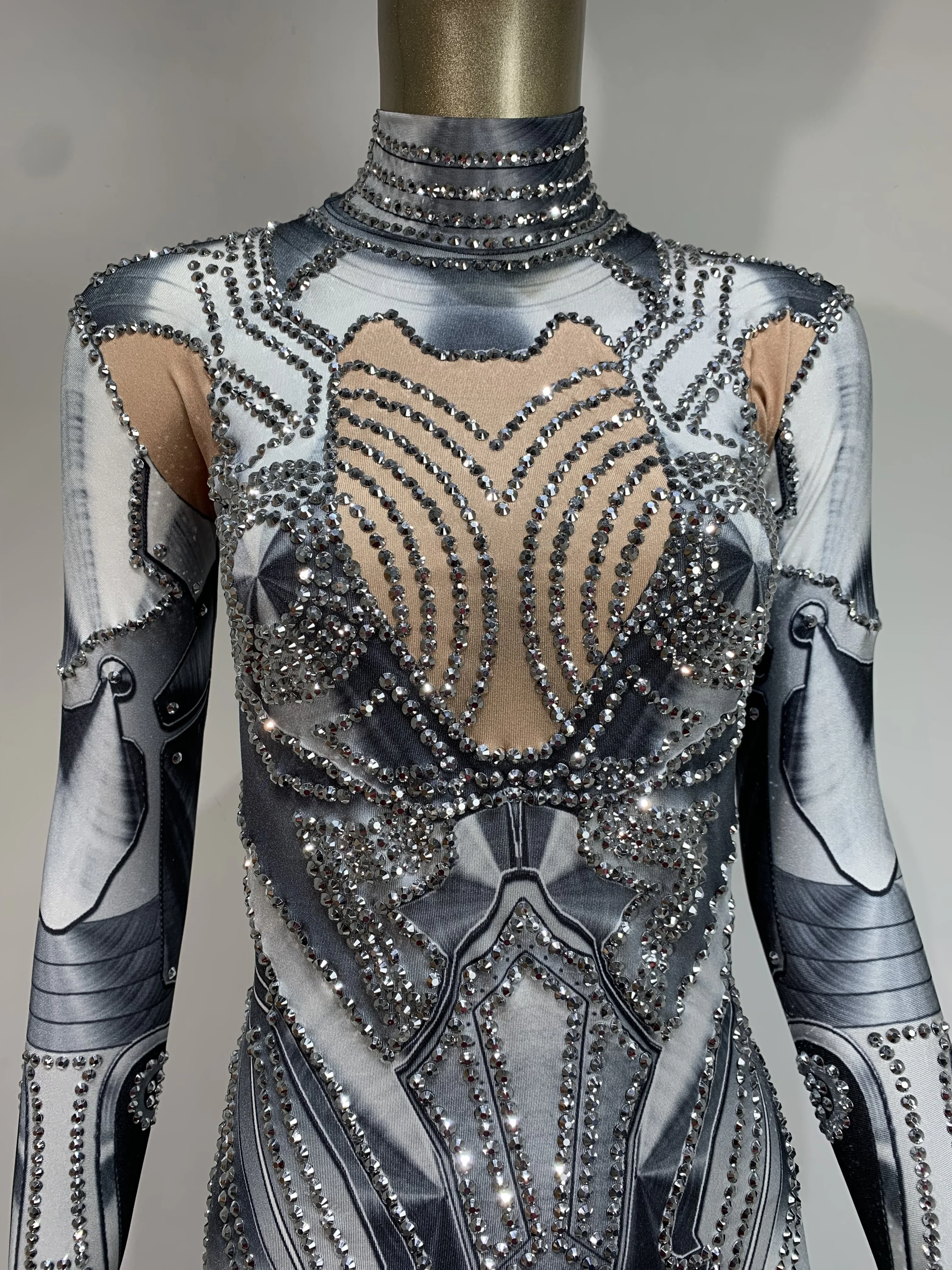 

Женский сексуальный облегающий комбинезон с блестящими стразами и длинным рукавом, эластичный вечерний костюм певицы, танцовщицы, сценический костюм