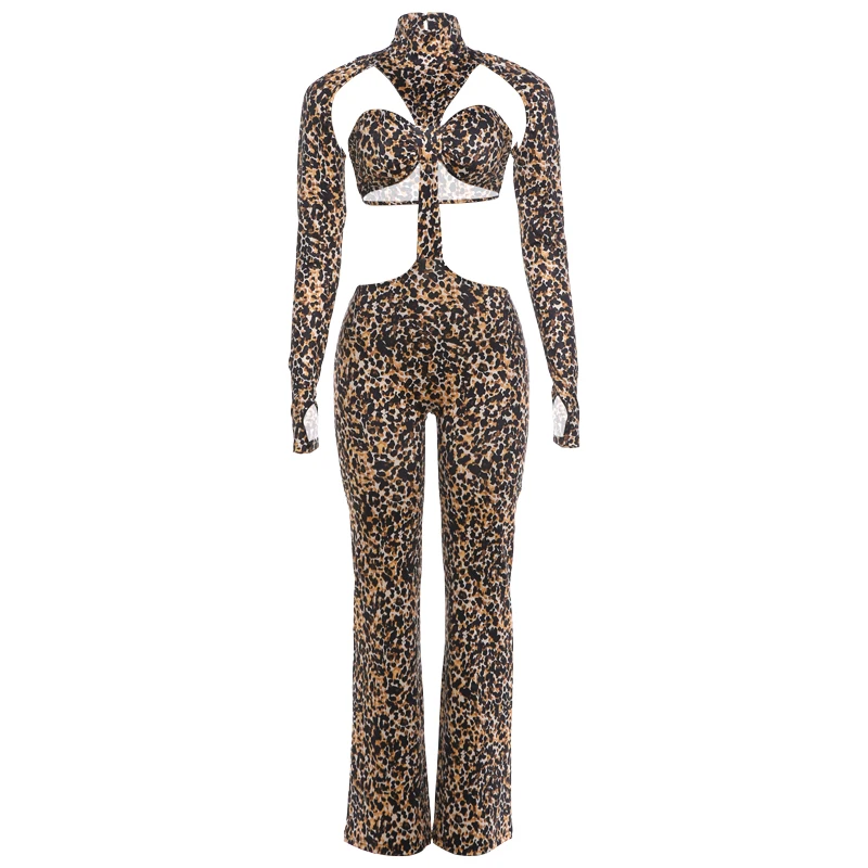 Weird Puss Unregelmäßiger Hohl-Jumpsuit für Damen, Leopardenmuster, Rollkragen, lange Ärmel, rückenfrei, Hot Girls Street Sexy Fashion Overall – Detail 3