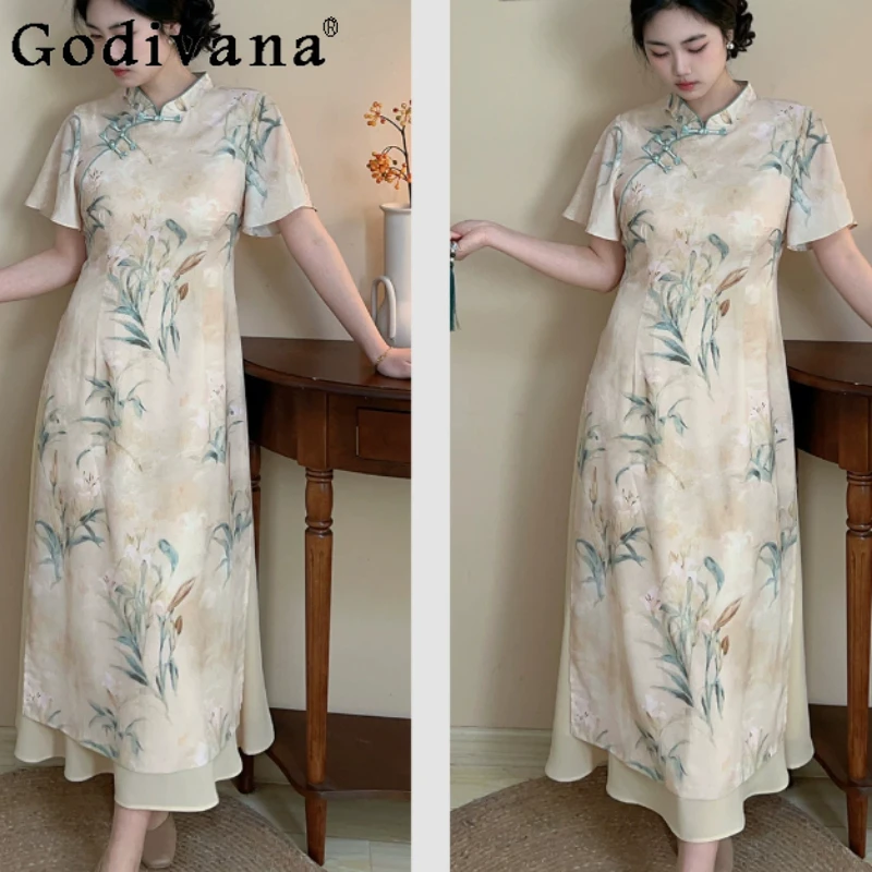 

Large Size Summer New Chinese Fake Two-piece Gentle Cheongsam Fashion High Waist A-line Versatile Temperament Girl Dresses