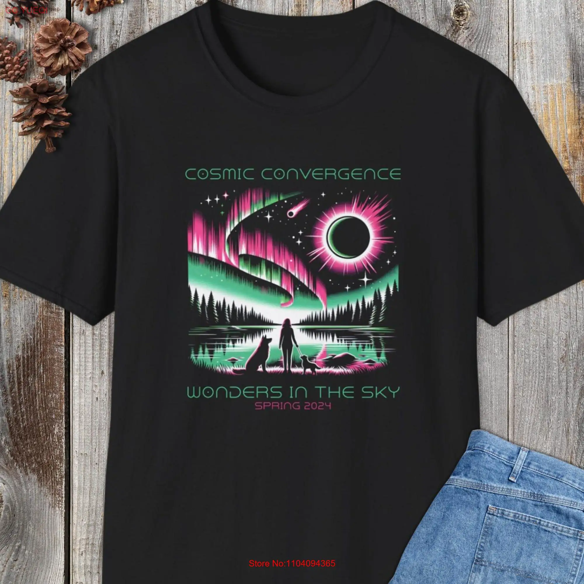 Northern Lights Solar Eclipse Cosmic Convergence Wonders in the Sky Spring 2024 Cotton T Shirt Woman and dogs view