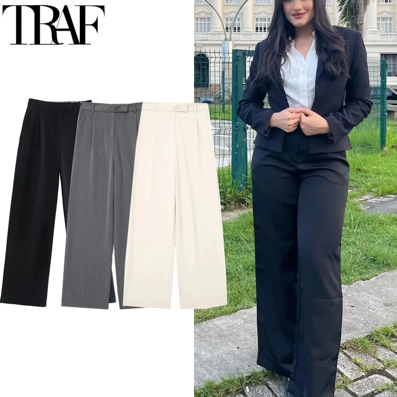 TRAF Black Wide Leg Pants For Women High Waist Baggy Pants Woman Office Pleated Formal Trousers Minimalist Summer Suit Pants