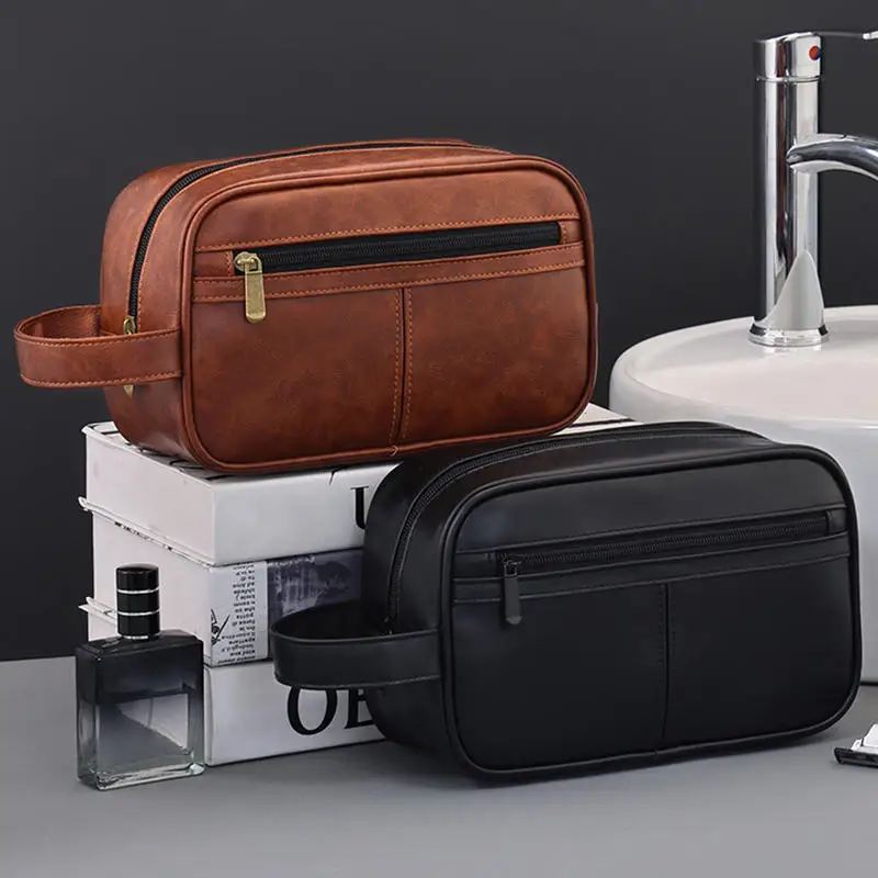 New Large Capacity Man Woman Handbag PU Leather Material Portable Handbag Makeup Pouch Travel Wash Bag Vintage