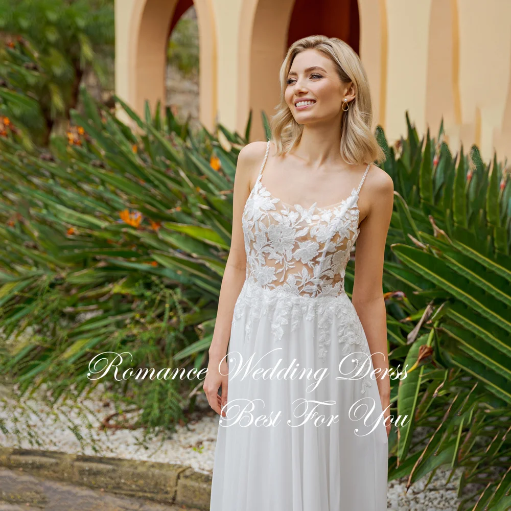 Clássico laço appliqued a linha vestido de casamento barco-pescoço cintas de espaguete sem costas plissado sem mangas vestidos de novia personalizado