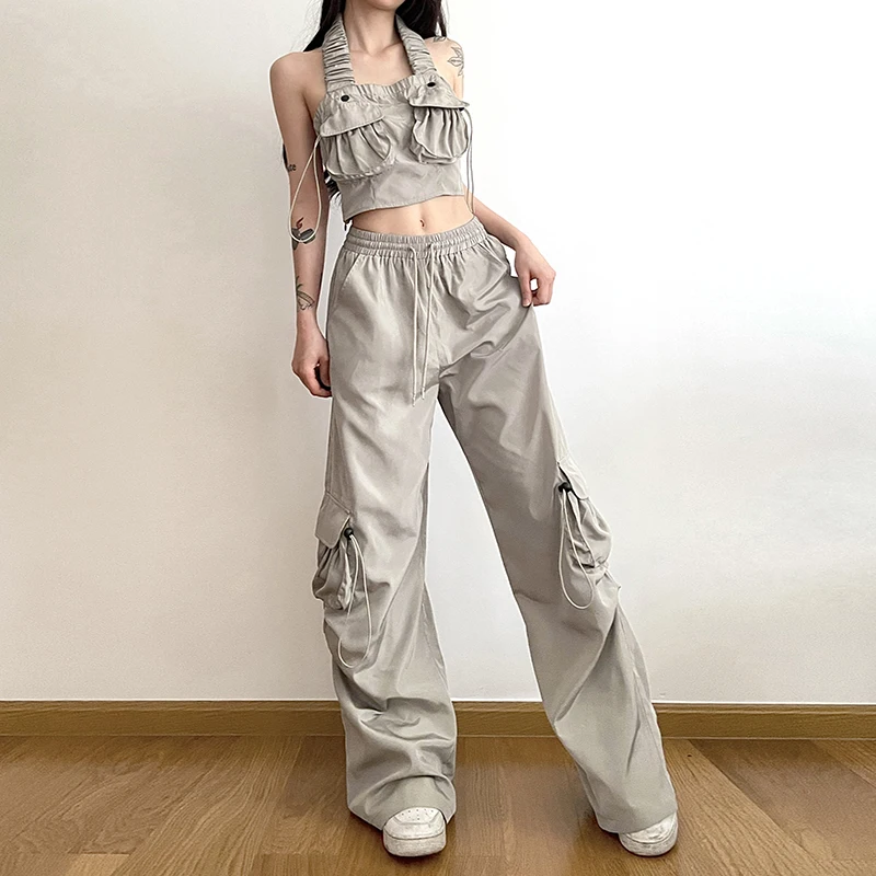 Hot Girl Style Short Sling High Waist Casual Pants Two-Piece Set Women's Loose Wide-Leg Overalls Functional Long Pants