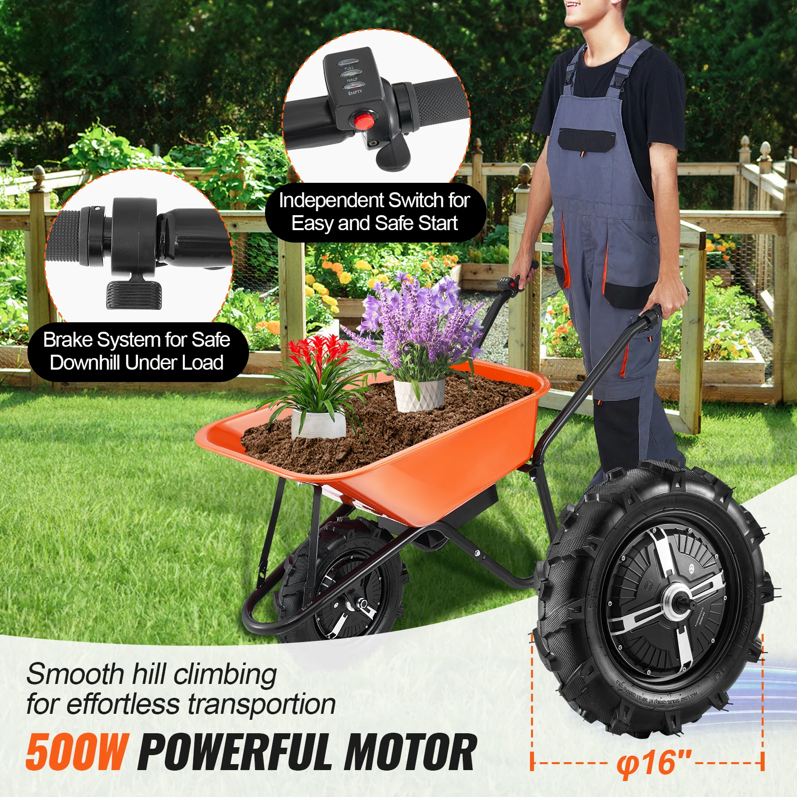 SucceBuy Electric Wheelbarrow Cart Utility Garden Wagon Dump Cart with Metal Handle &16