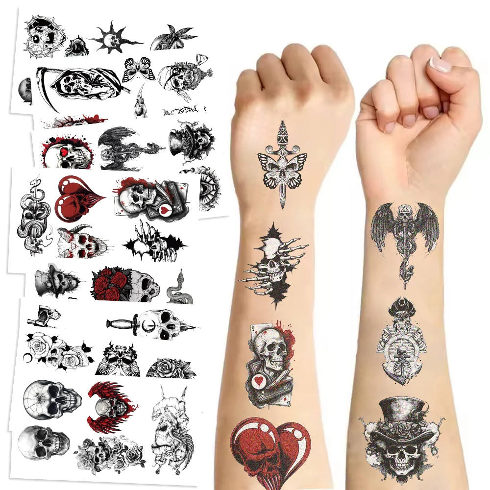 10pcs Halloween Tattoo Skull Flower for Women Men Flowers Temporary Tattoos for Hand Chest Wrists Finger Body Art
