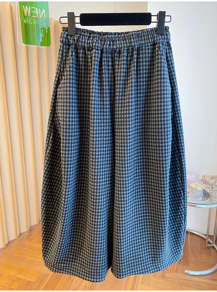 Plus size outono novo feminino xadrez perna larga nove-tenças calças casuais finas soltas versáteis calças leves