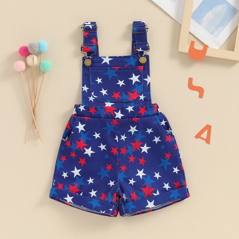 4th Fourth of July Baby Girl Boy Outfit American Flag Print Overalls Shorts Pocket Suspender Romper Clothes