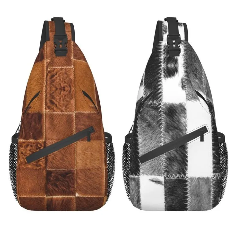 Brown Checkered Cowhide Patche Sling Chest Bag Animal Fur Leather Texture Crossbody Shoulder Backpack for Men Traveling Daypack