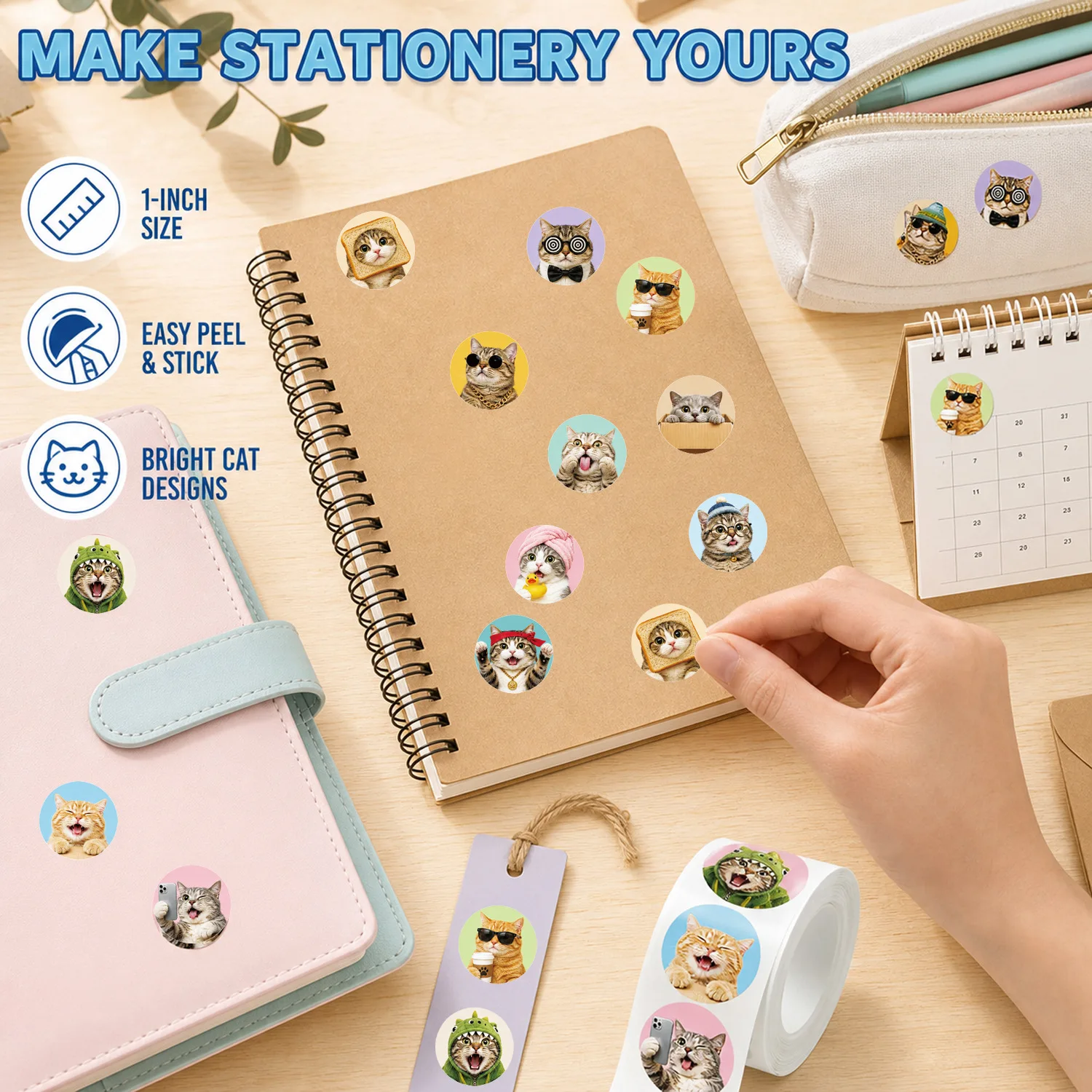 JCAC 500pcs/roll Cute Pet Series Cat Meme Stickers, Round Self-Adhesive Seal Stickers for Gift Packaging view 5