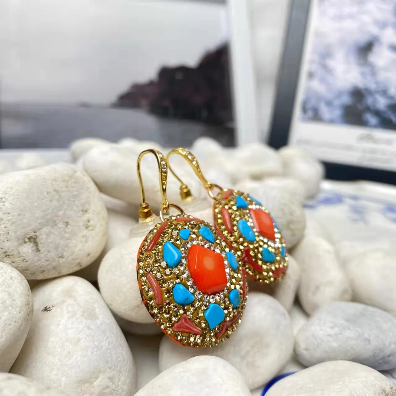 Sea bamboo coral ladies earrings turquoise embellished rhinestones trendy spring and summer clothing with accessories