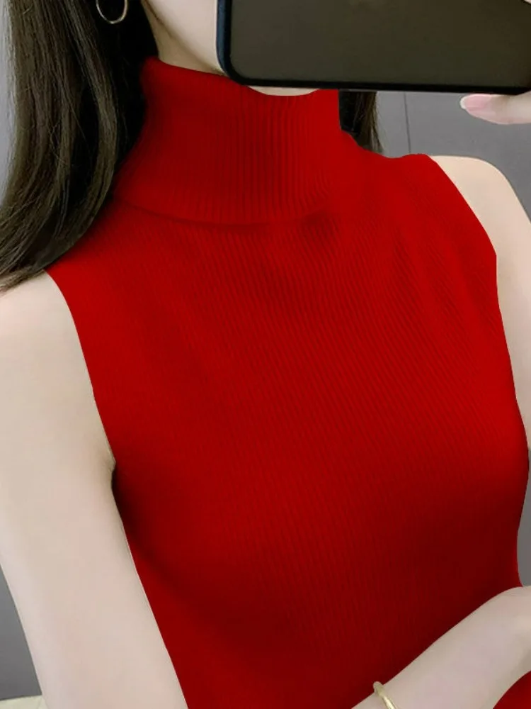 

Autumn Winter High Ne Strap Vest Women's Slim Fit Knitted Sweater Base irt Outerwear Ele Faionable Top