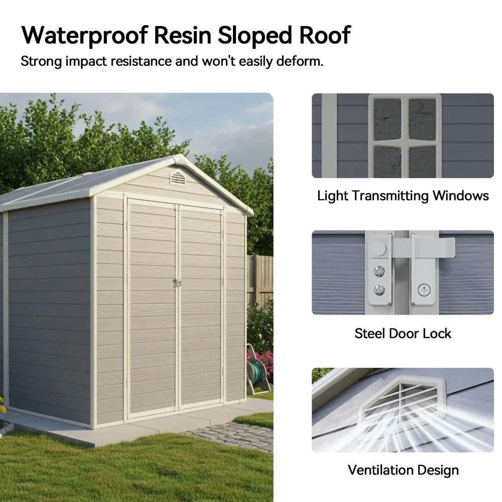 

6x8 FT Outdoor Storage Shed, Plastic Garden Resin Shed with Floor and Window for Patio, Lawn, Outdoor Storage, Customized