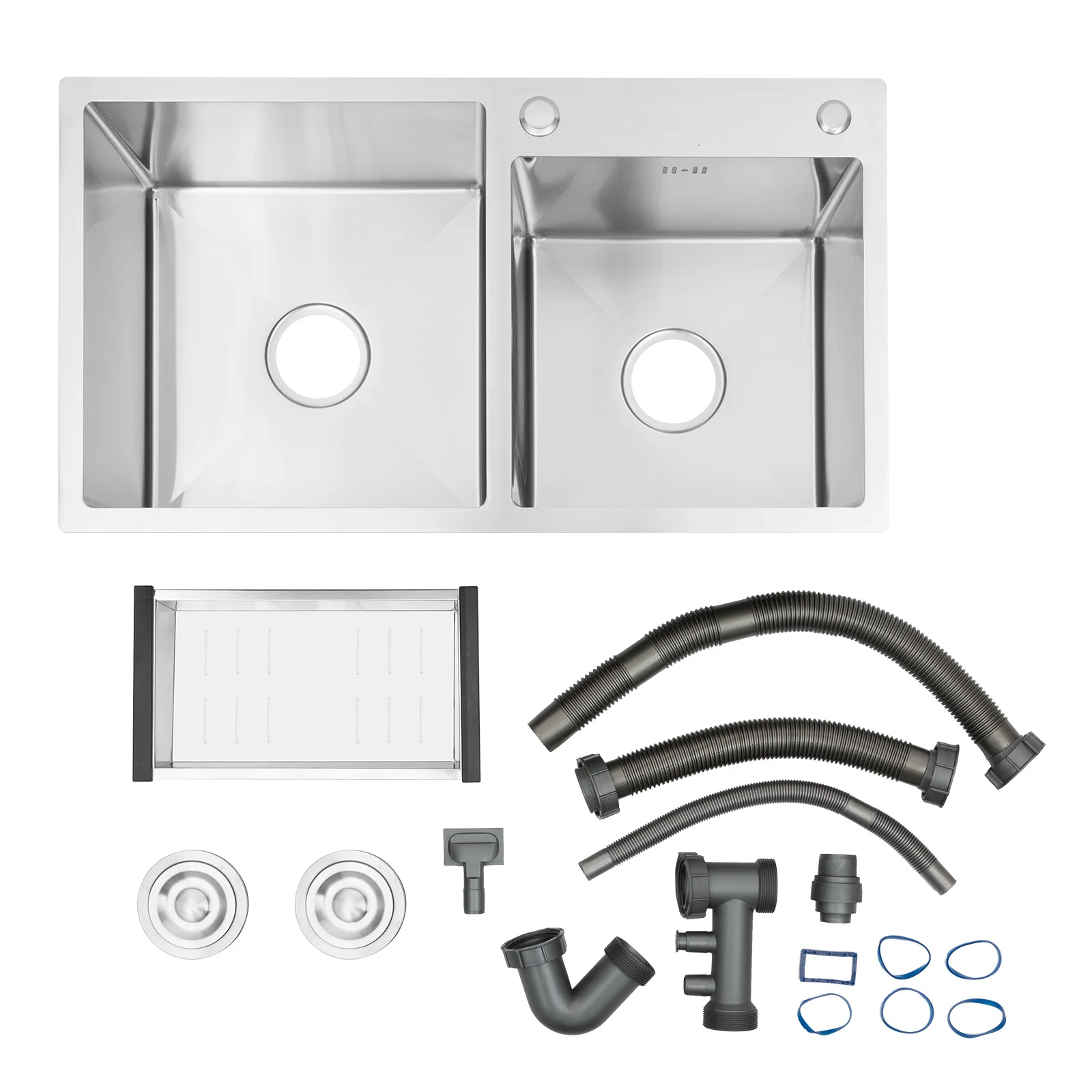 Commerciële roestvrijstalen spoelbak, 2 compartimenten, inbouwkeukenspoelbak met afdruiprek, mand en pijpen voor garages, wasgoed, 78 x 43 x 21 cm