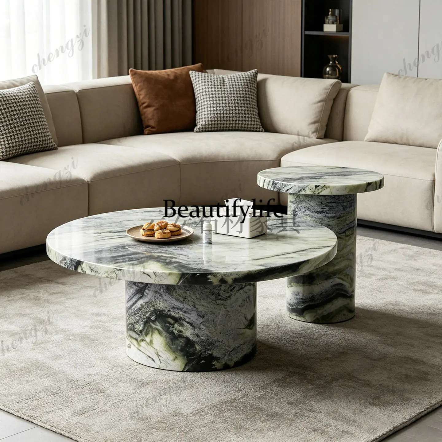 Light luxury natural marble round coffee table living room sofa coffee table designer tea table