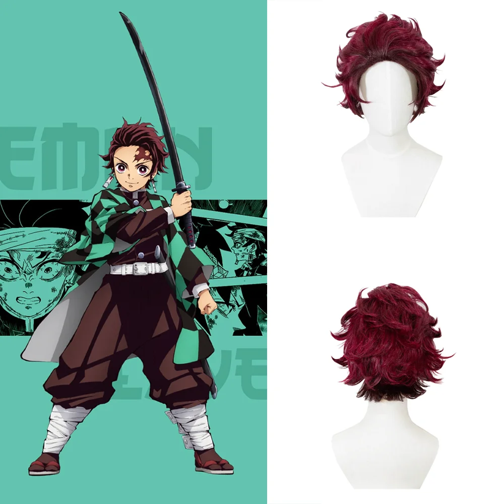 Kamado Tanjiro Cosplay Wig Dark Red Short Curly Wig Heat Resistant Synthetic Anime Hair For Men Wome Halloween Costume Party