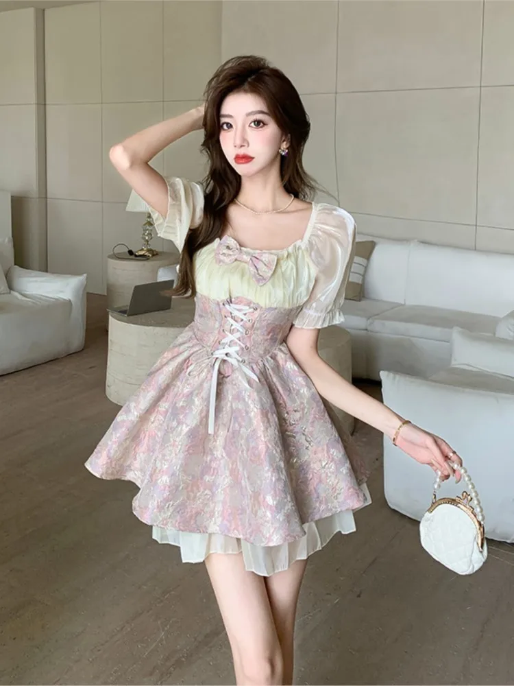 2024 Y2K Summer Japanese Lolita Women's Princess Dress Bandage Cosplay Costumes Bowknot Ribbon Square Collar Mini Dress Fashion