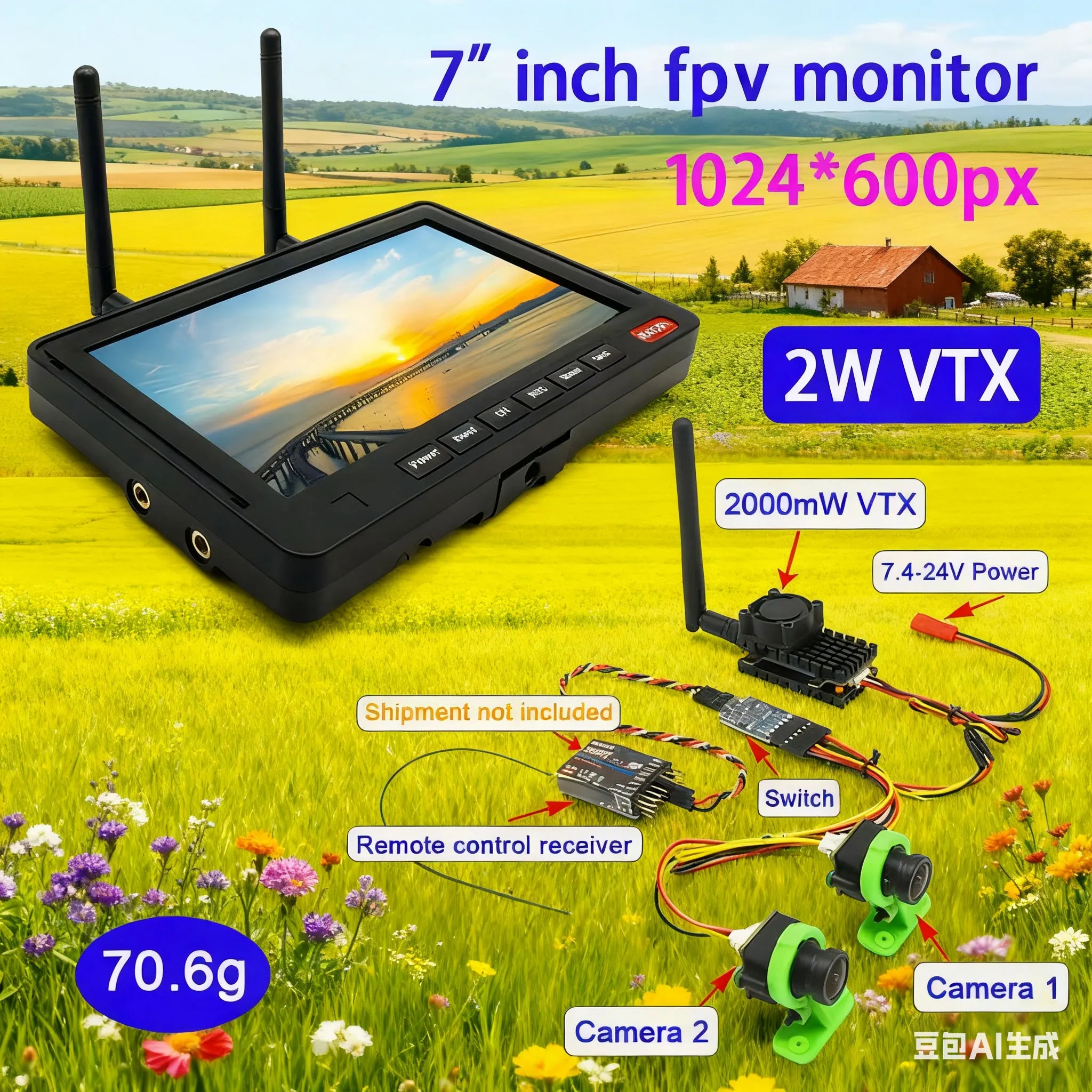 

Long Range 5.8G 56CH IPS FPV Monitor 1024*600px and 5.8Ghz 2W FPV Wireless VTX Transmitter and Dual CMOS 1000TVL fpv camera