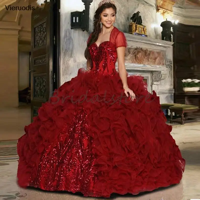 

Gorgeous Burgundy Quinceanera Dresses 2021 Princess Ball Gown Sequins Appliques Ruched Pageant Party Sweet 15 Dress For Girls