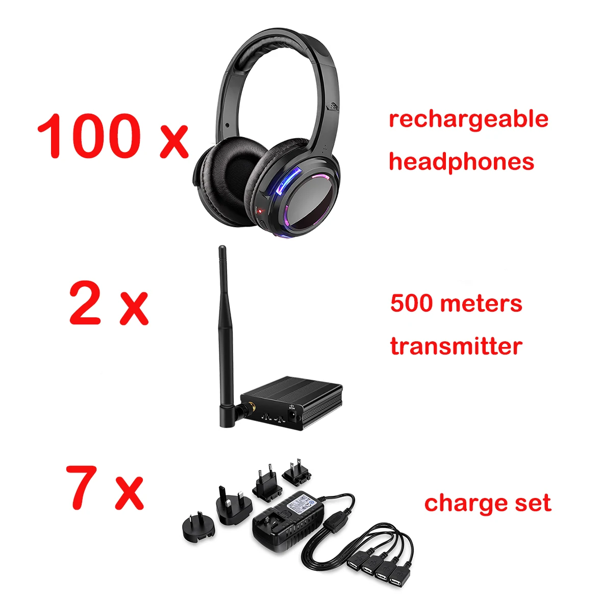 Silent Disco Black Led Wireless Headphones - Quiet Clubbing Party Bundle (100 Headphones + 2 Transmitters)