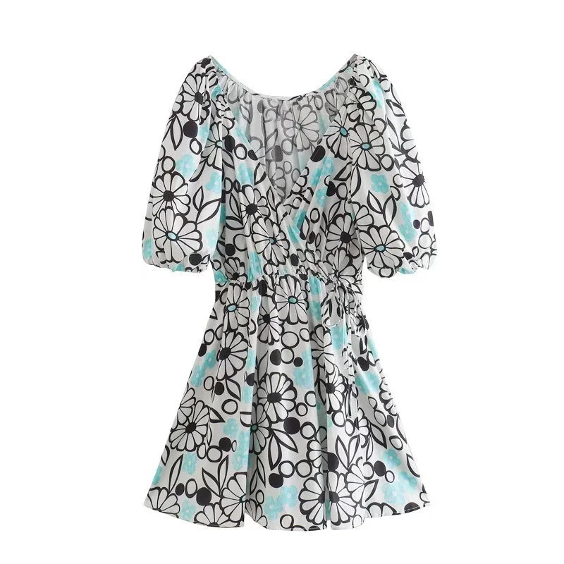 

2022 Elegant Short Sleeve Women Party Dress V Neck Boho Vestidos Style Sweet Retro Print Poplin Dress