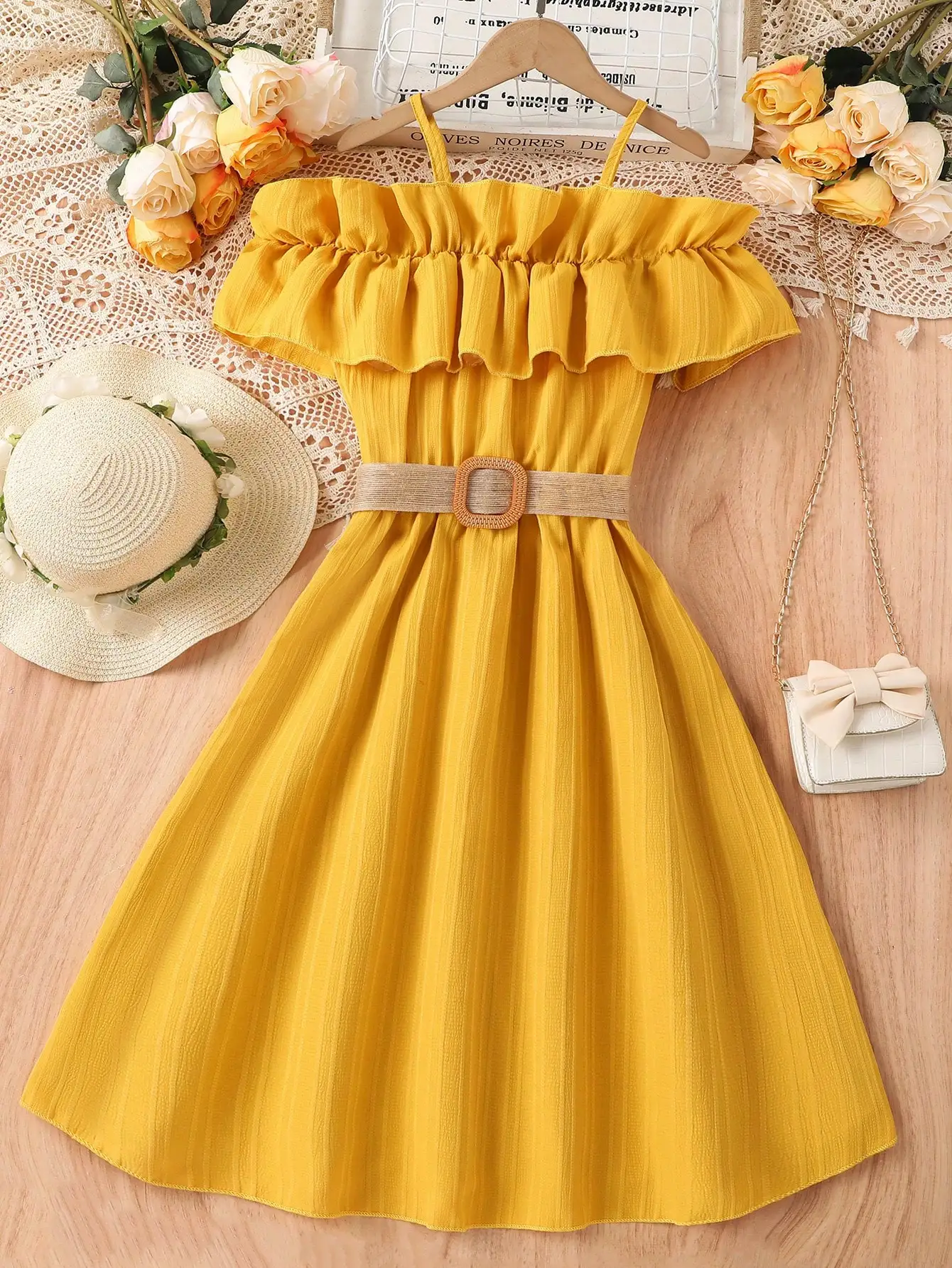 Girls Summer Elegant Fashion Bright Yellow Belt Dress