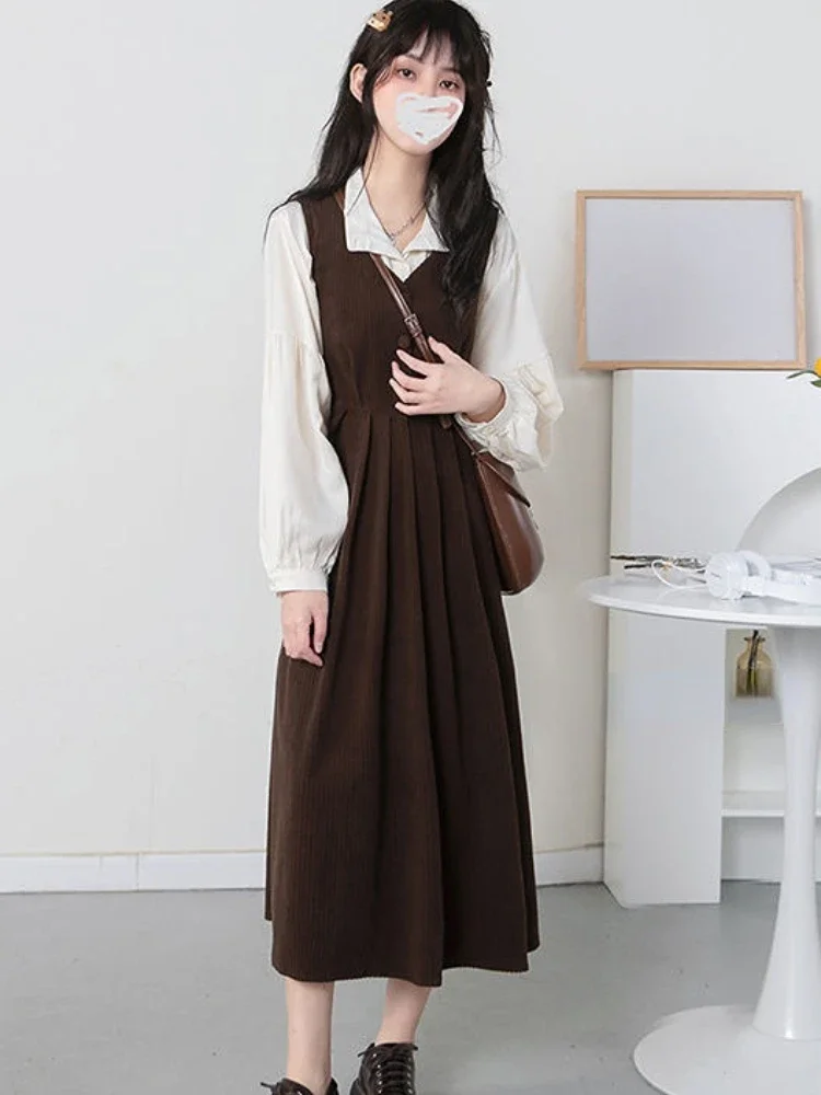 Dresses Sets Women 2pcs Leisure Preppy Design Sweet Retro All-match Chic Ulzzang Folds Shirts Simple Pure Midi Vestidos Students